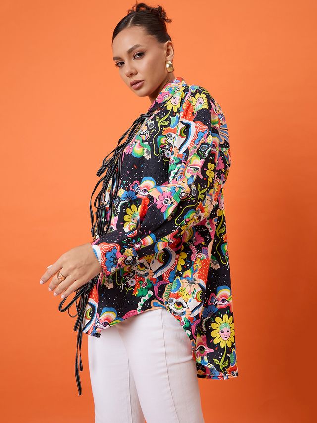 Printed Tie-Up Long Sleeve Cotton Shirt