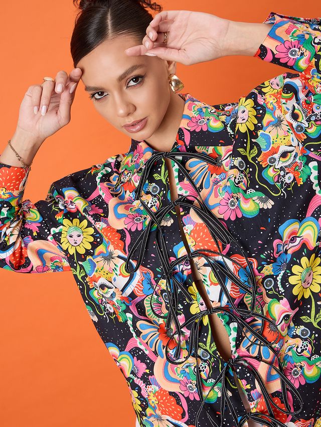 Printed Tie-Up Long Sleeve Cotton Shirt