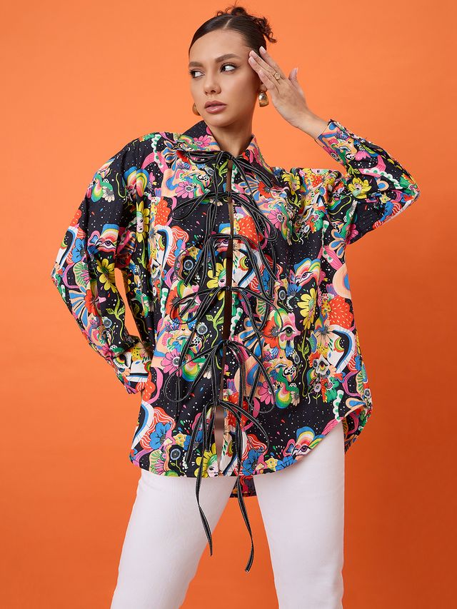 Printed Tie-Up Long Sleeve Cotton Shirt