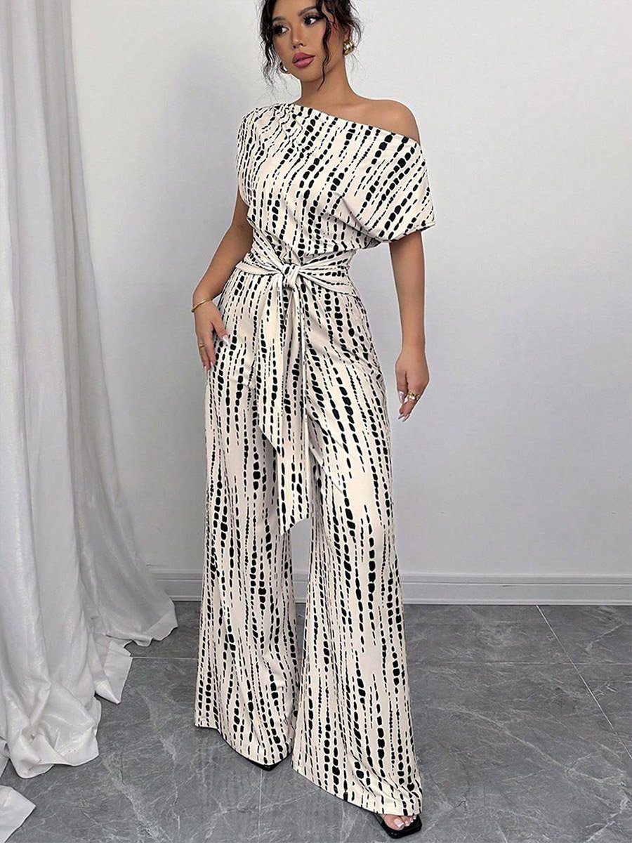 Off White Casual Printed One Shoulder Jumpsuit