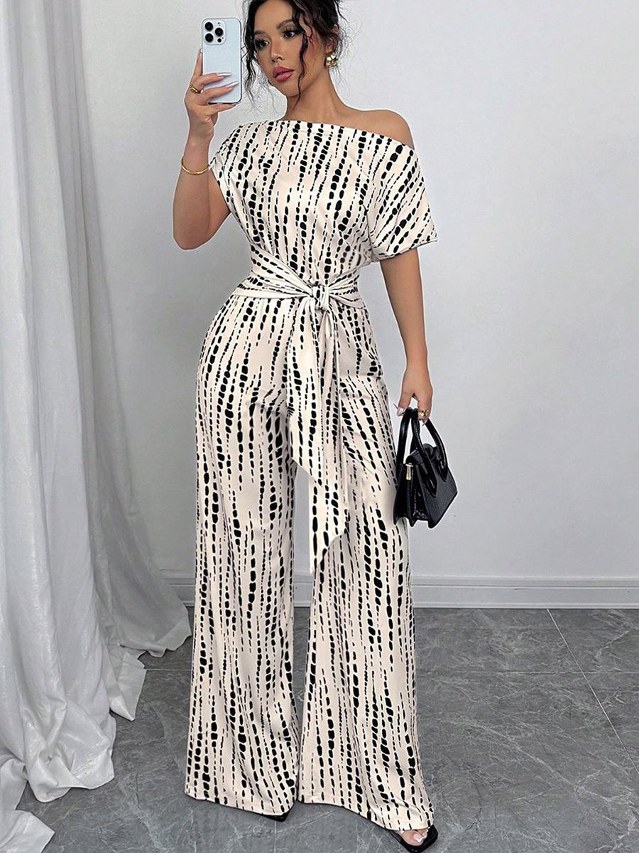 Off White Casual Printed One Shoulder Jumpsuit