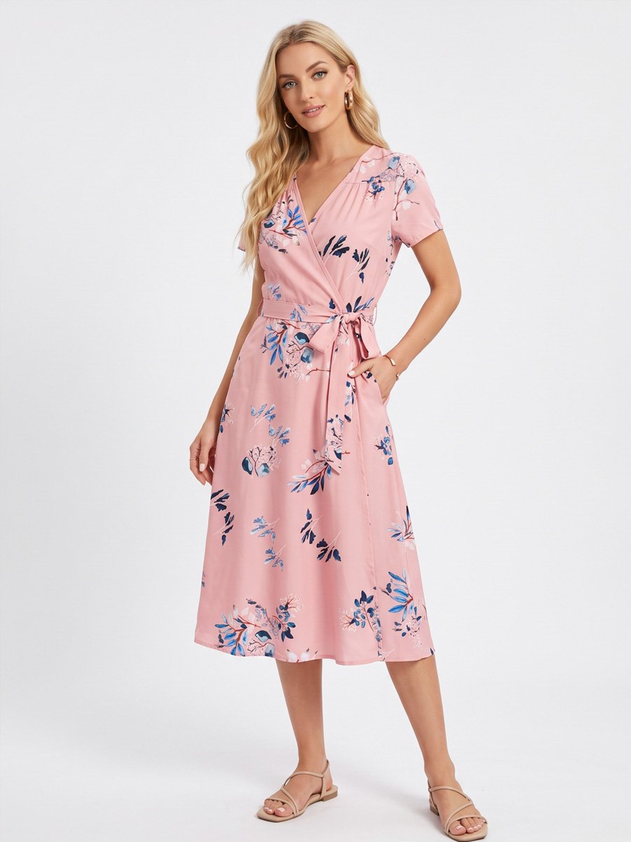 Pink Floral Wrap Midi Dress