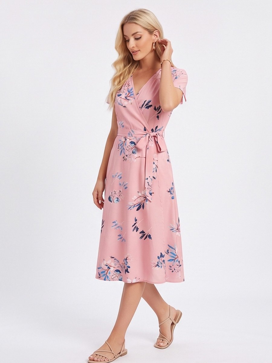 Pink Floral Wrap Midi Dress