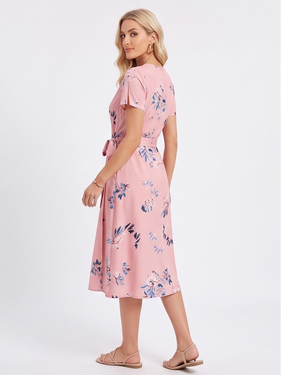 Pink Floral Wrap Midi Dress