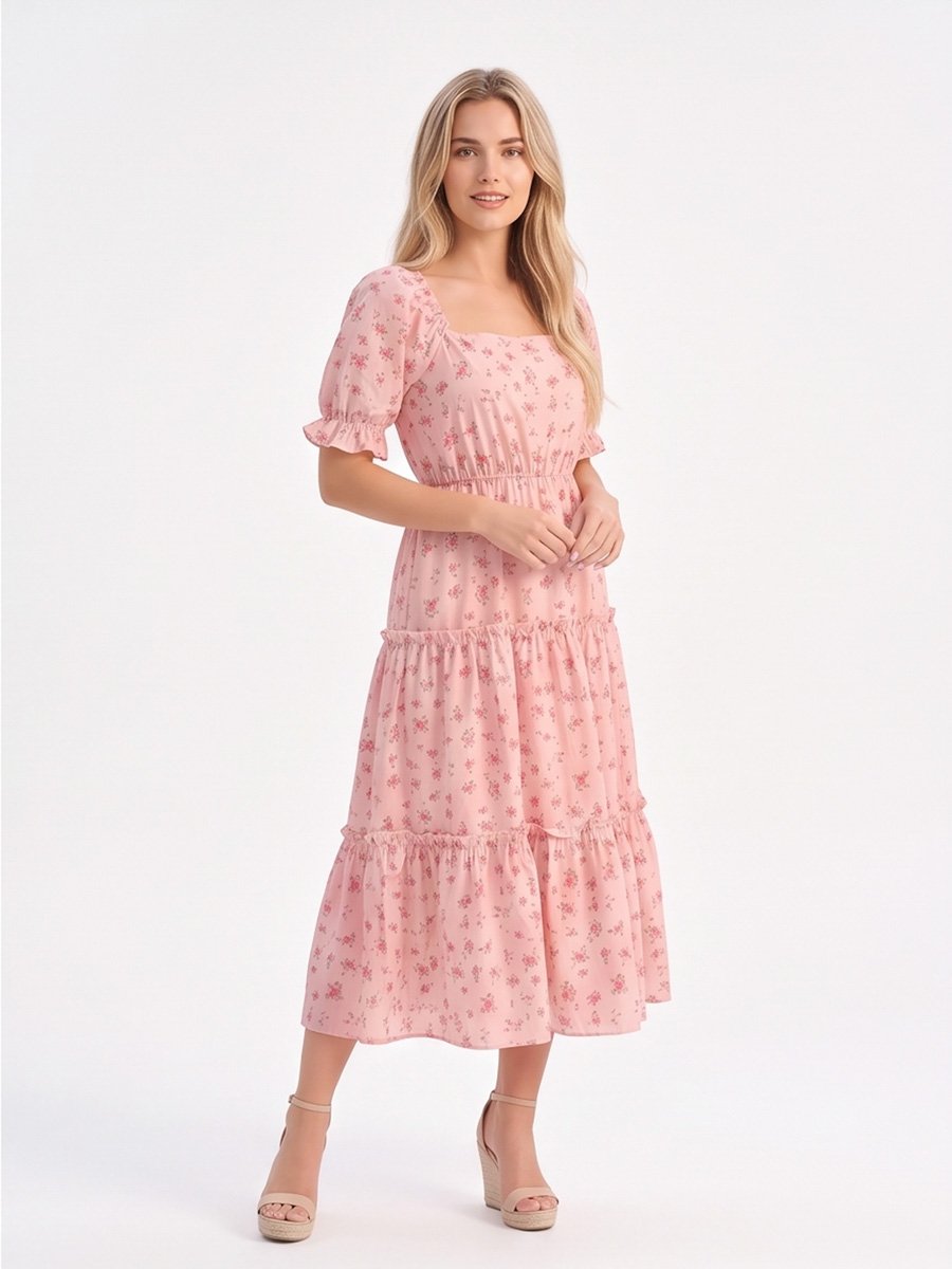 Light Pink Floral Tiered Midi Dress