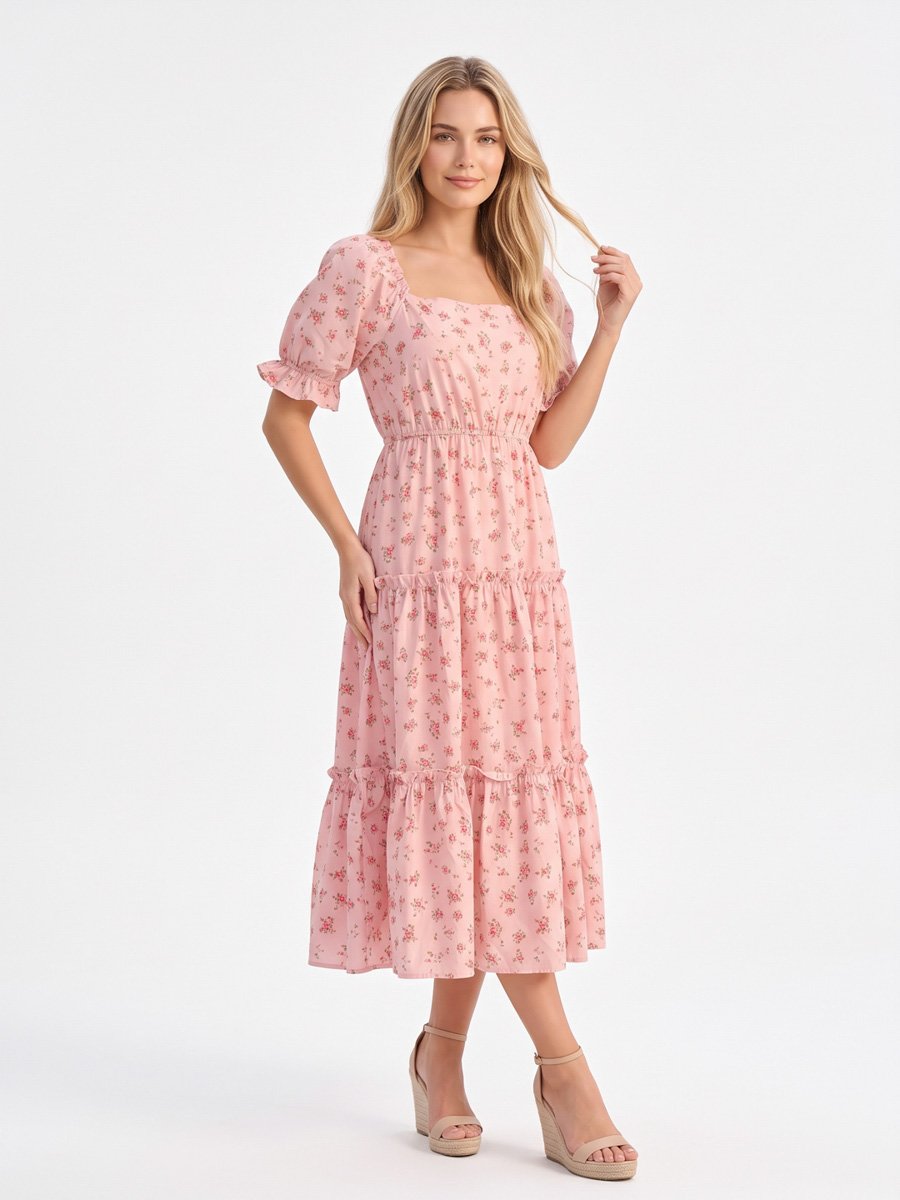 Light Pink Floral Tiered Midi Dress