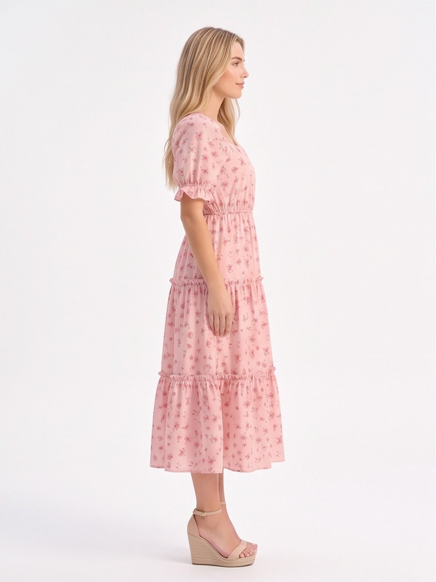 Light Pink Floral Tiered Midi Dress