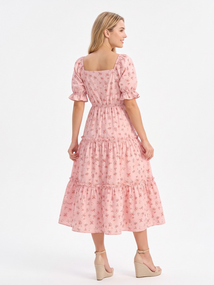 Light Pink Floral Tiered Midi Dress