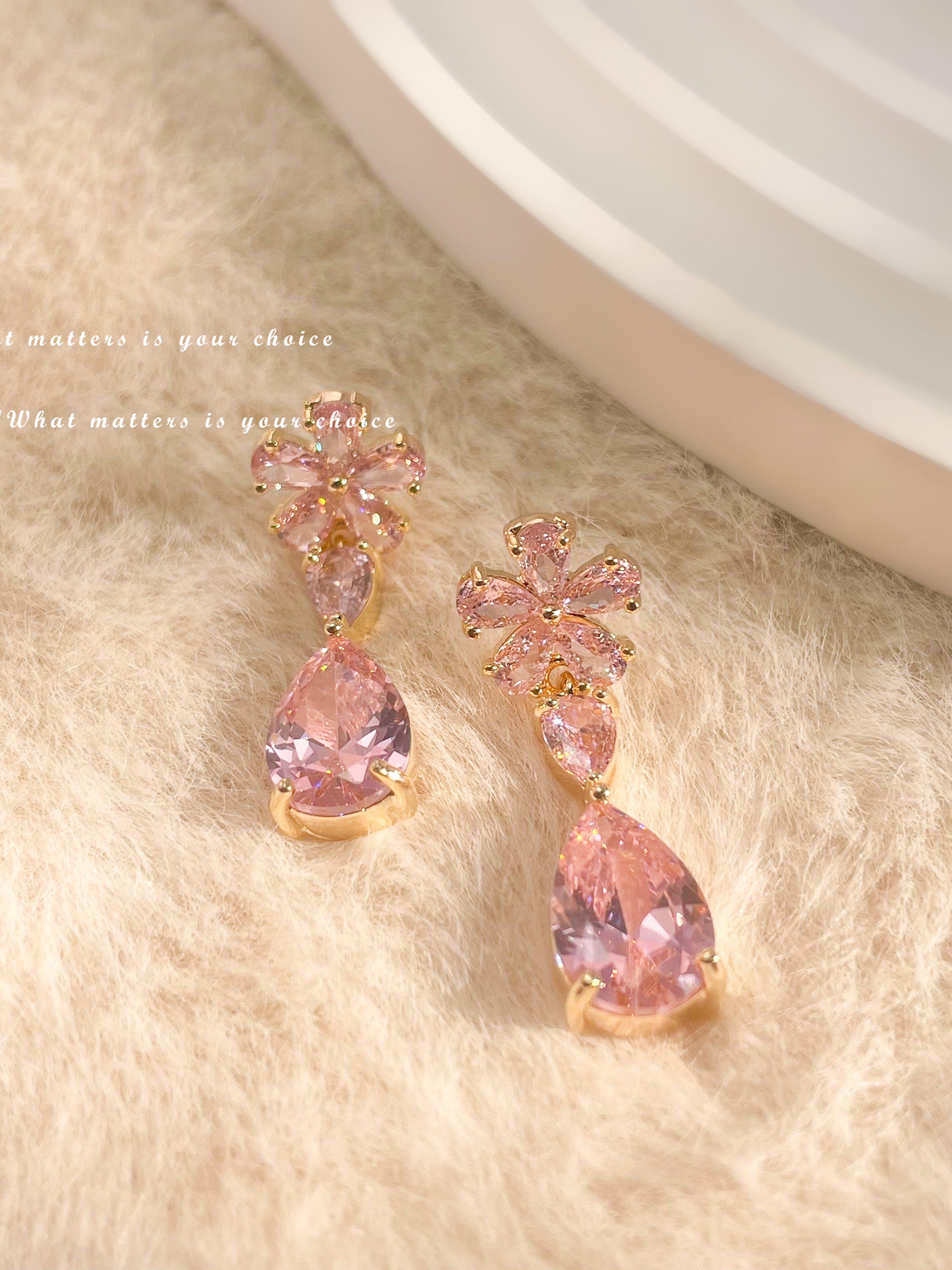 Pink Crystal Flower Dangle Earrings