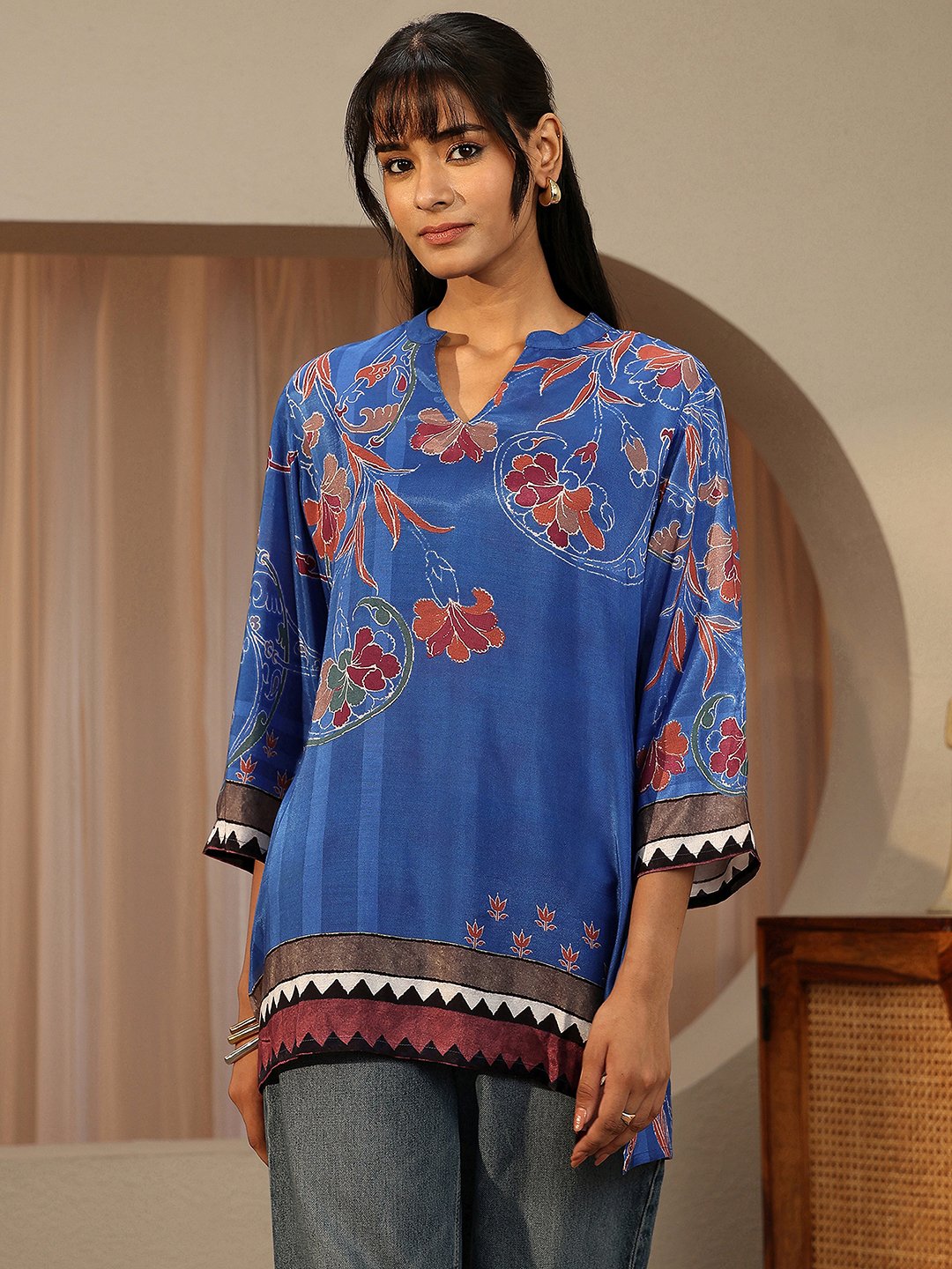 Blue Printed Muslin Straight Kurti
