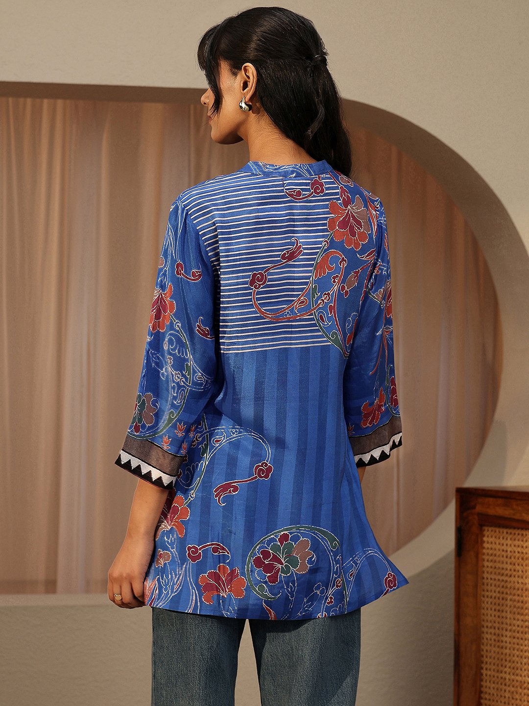 Blue Printed Muslin Straight Kurti
