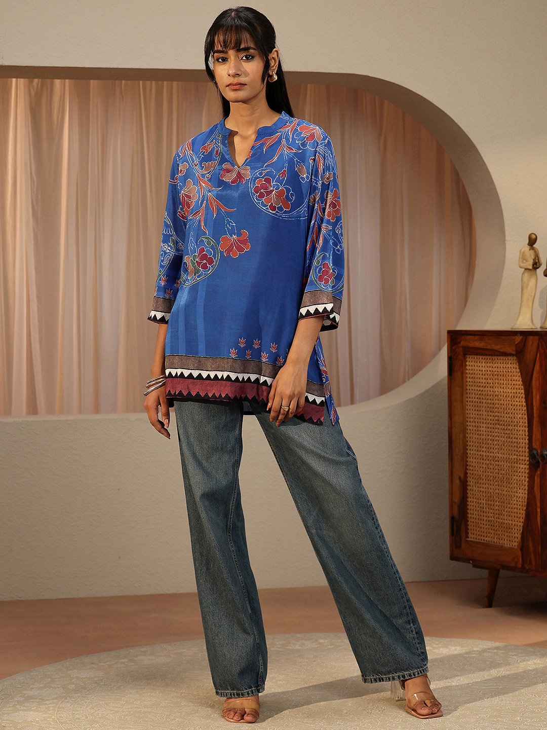 Blue Printed Muslin Straight Kurti