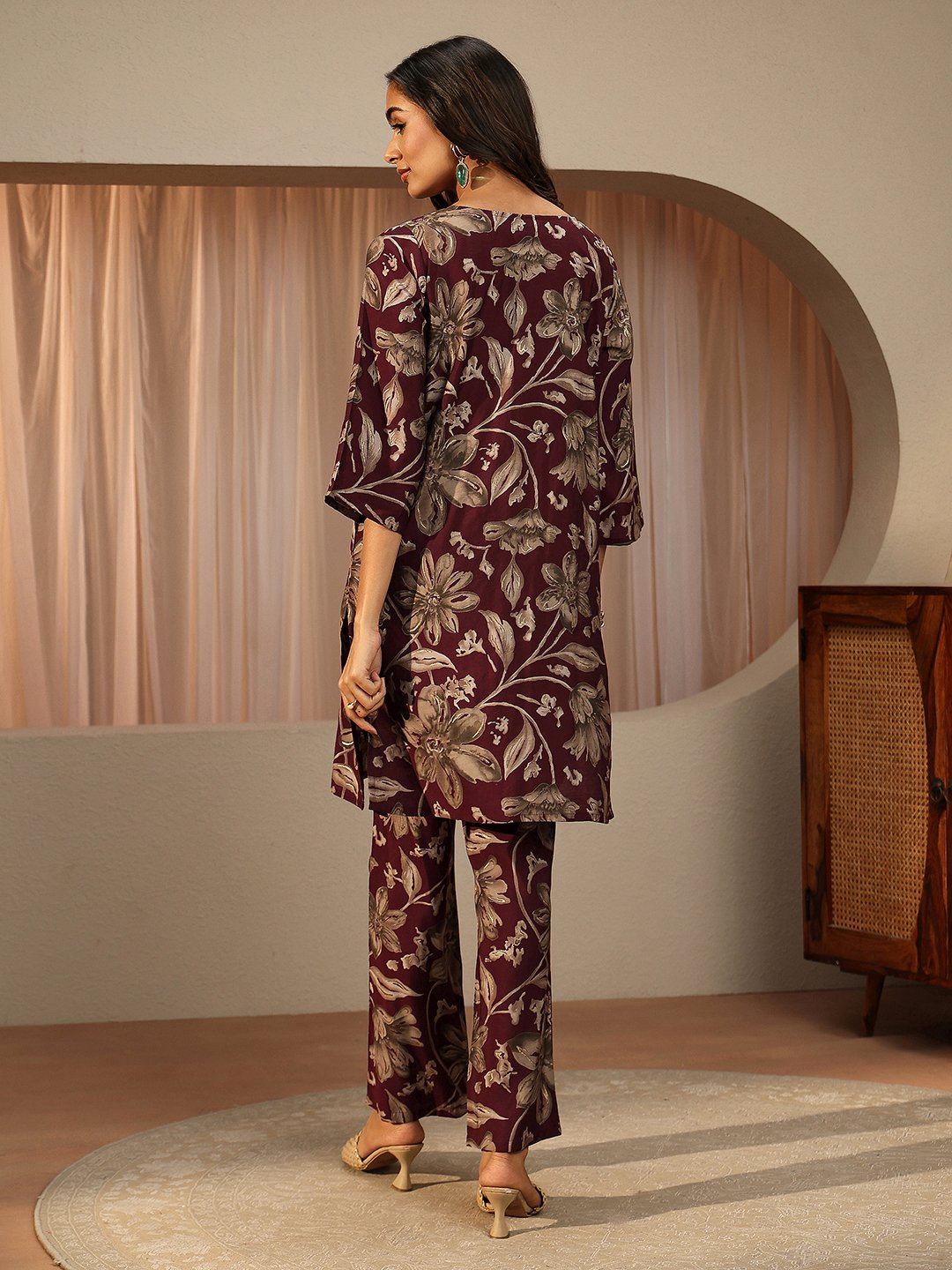 Maroon Printed Silk Blend Co-Ords