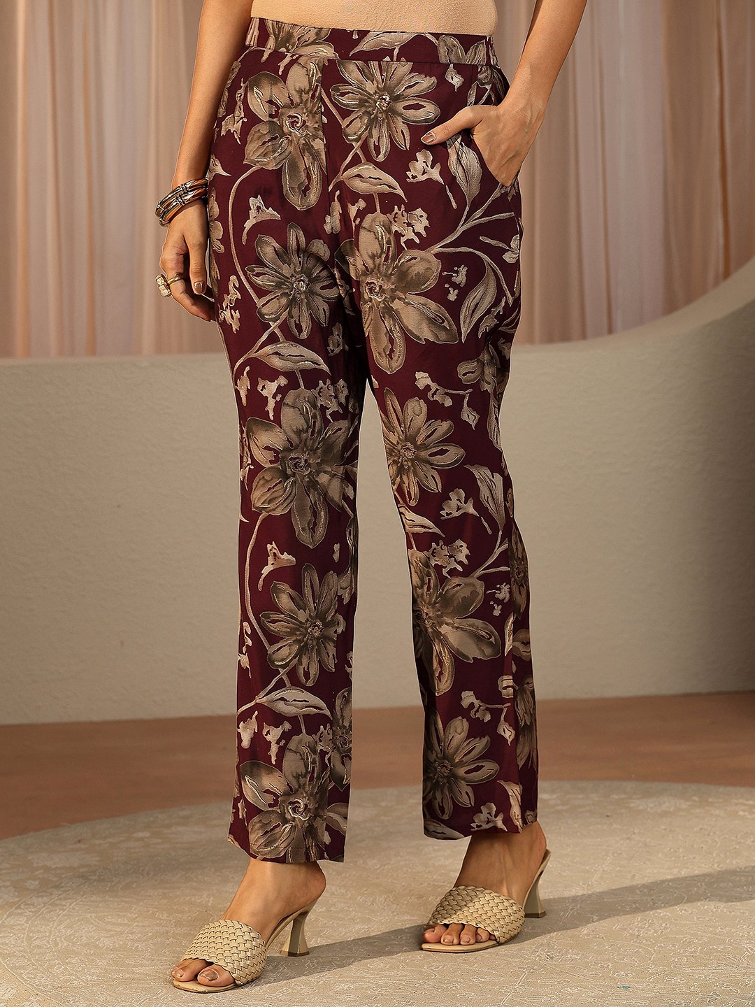 Maroon Printed Silk Blend Co-Ords