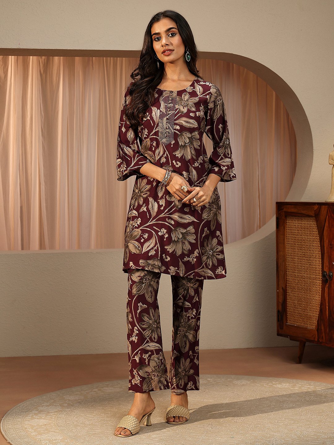 Maroon Printed Silk Blend Co-Ords