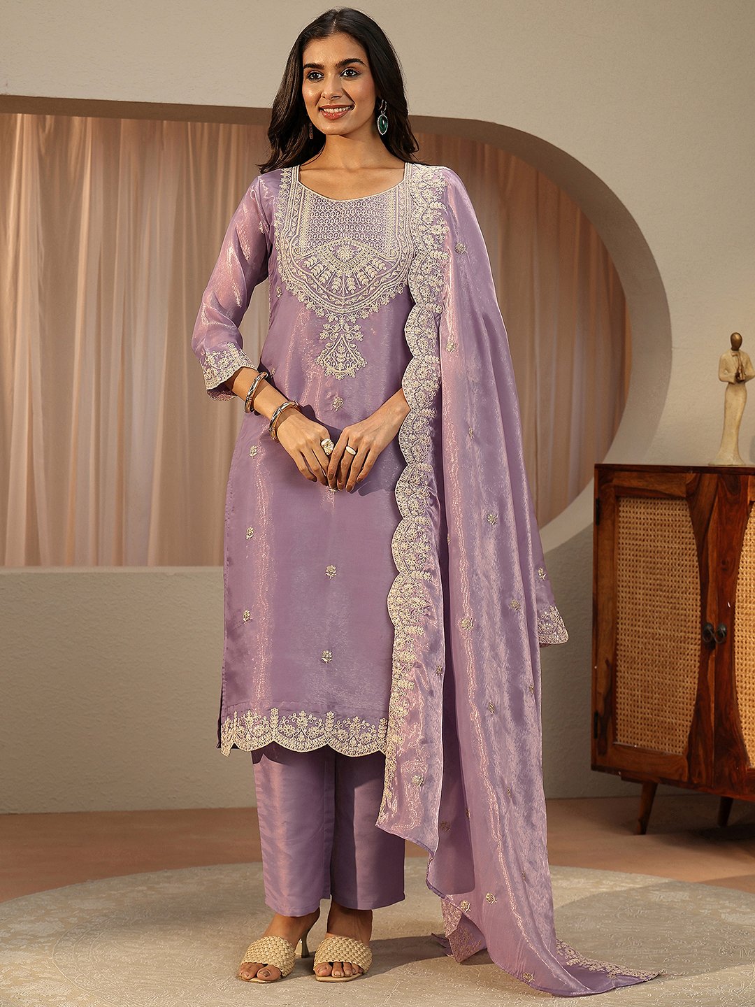 Lavender Embroidered Tissue Straight Kurta with Trousers and Dupatta