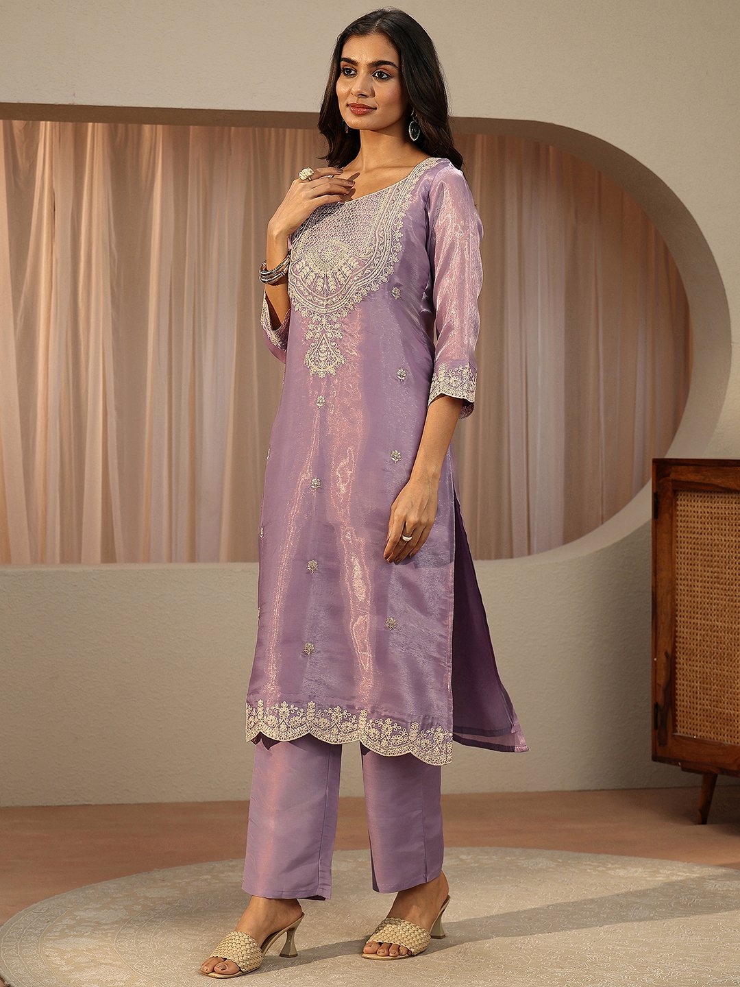 Lavender Embroidered Tissue Straight Kurta with Trousers and Dupatta