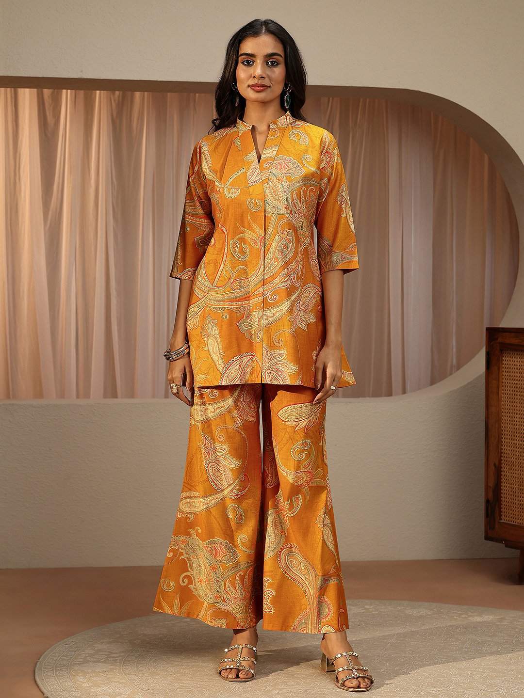 Mustard Printed Silk Blend Co-Ords