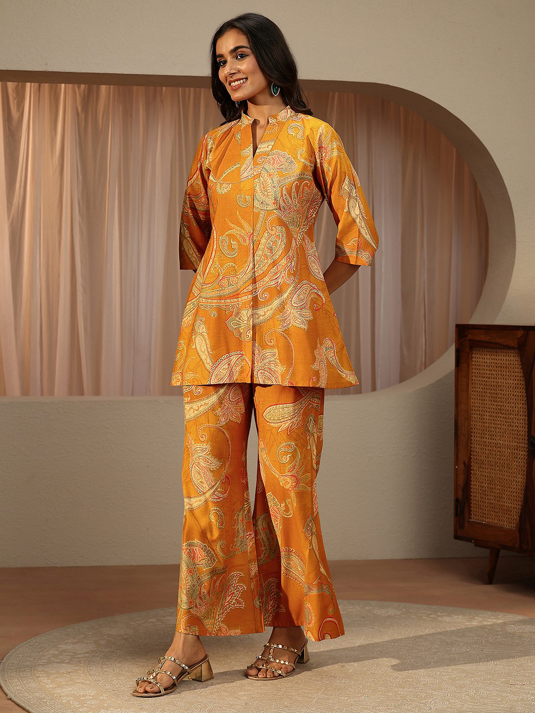 Mustard Printed Silk Blend Co-Ords