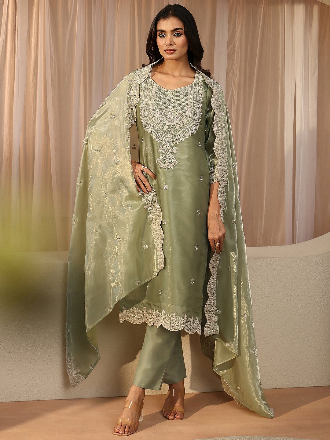 Green Embroidered Tissue Straight Kurta with Trousers and Dupatta