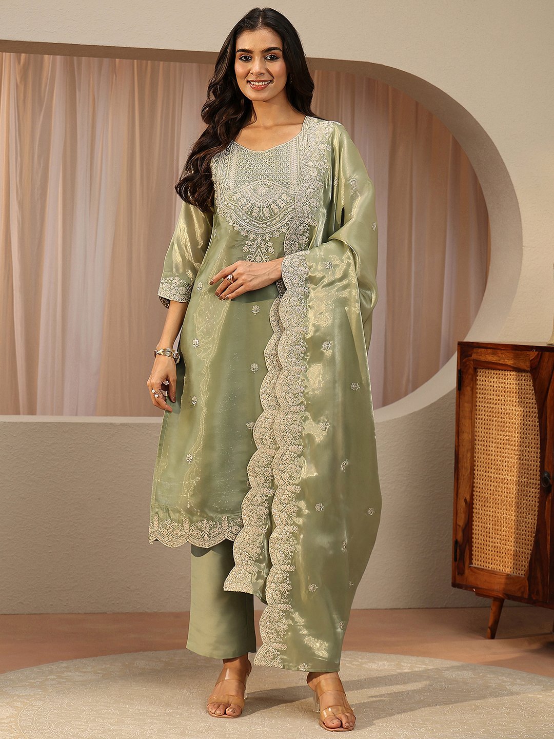Green Embroidered Tissue Straight Kurta with Trousers and Dupatta