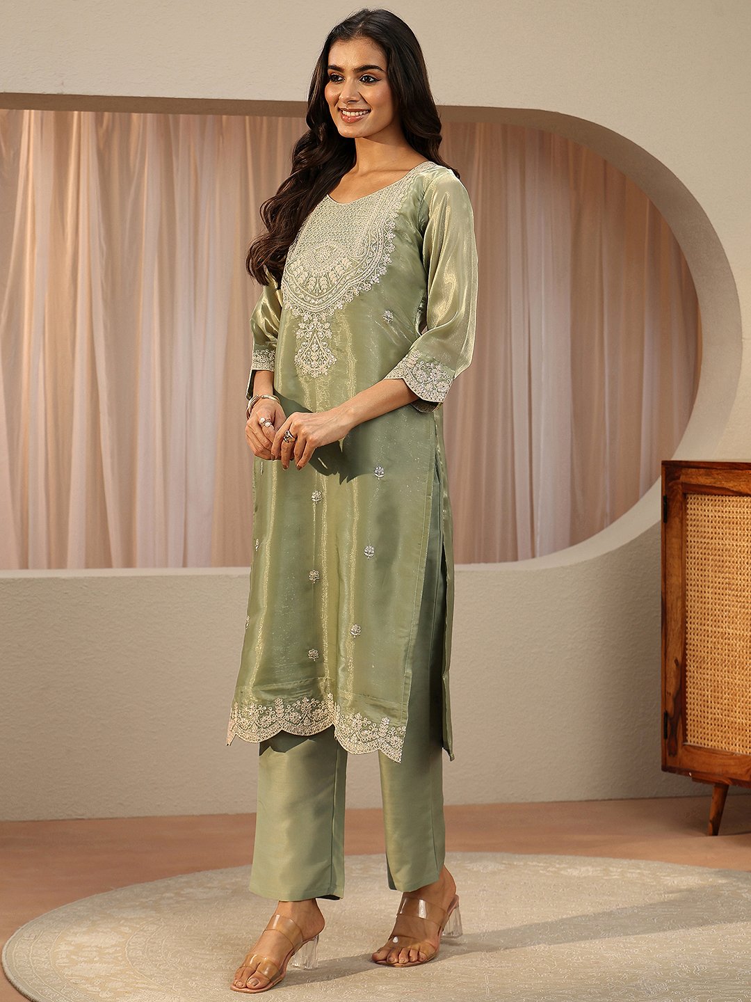 Green Embroidered Tissue Straight Kurta with Trousers and Dupatta