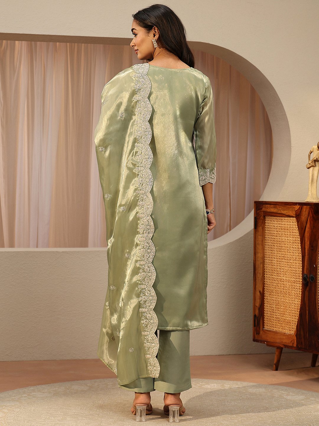 Green Embroidered Tissue Straight Kurta with Trousers and Dupatta