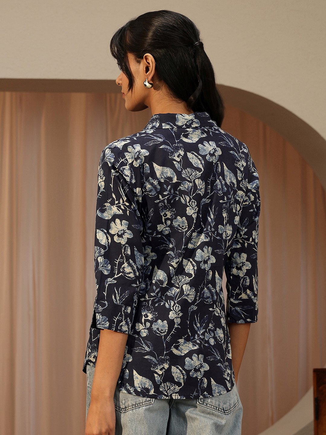 Navy Blue Printed Cotton 3/4 Sleeve Shirt