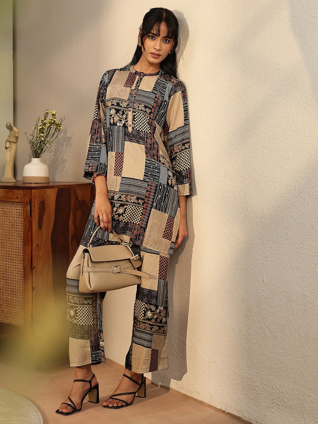 Beige Printed Rayon Co-Ords