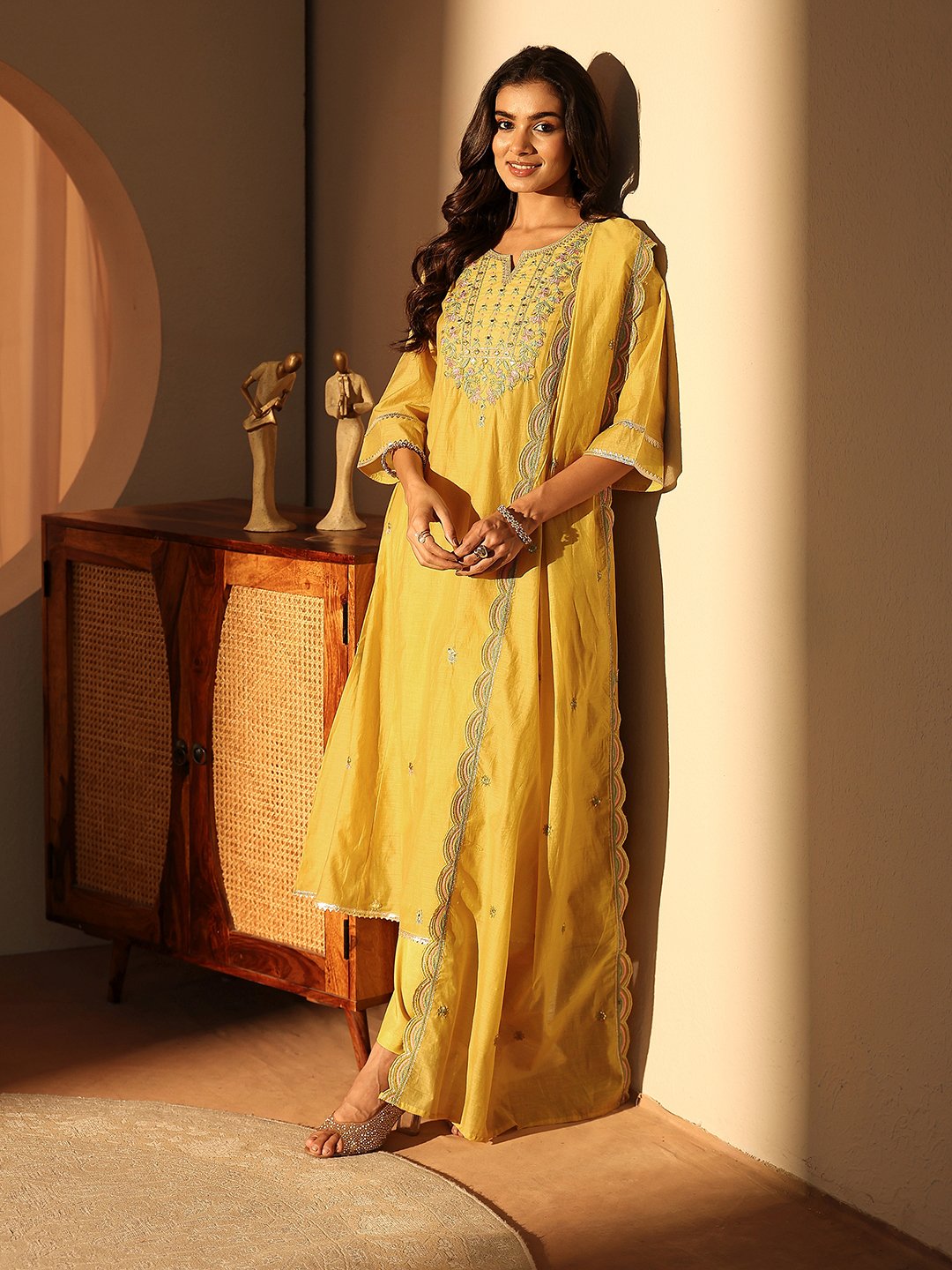 Yellow Embroidered Silk Blend A-Line Kurta with Trousers and Dupatta