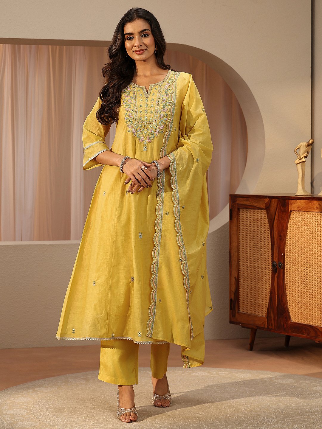 Yellow Embroidered Silk Blend A-Line Kurta with Trousers and Dupatta