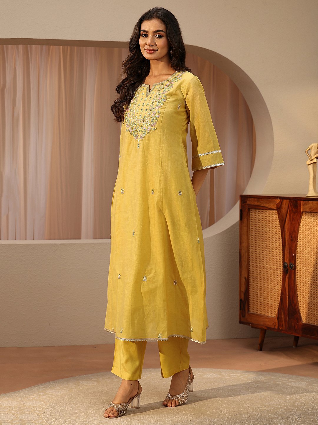 Yellow Embroidered Silk Blend A-Line Kurta with Trousers and Dupatta