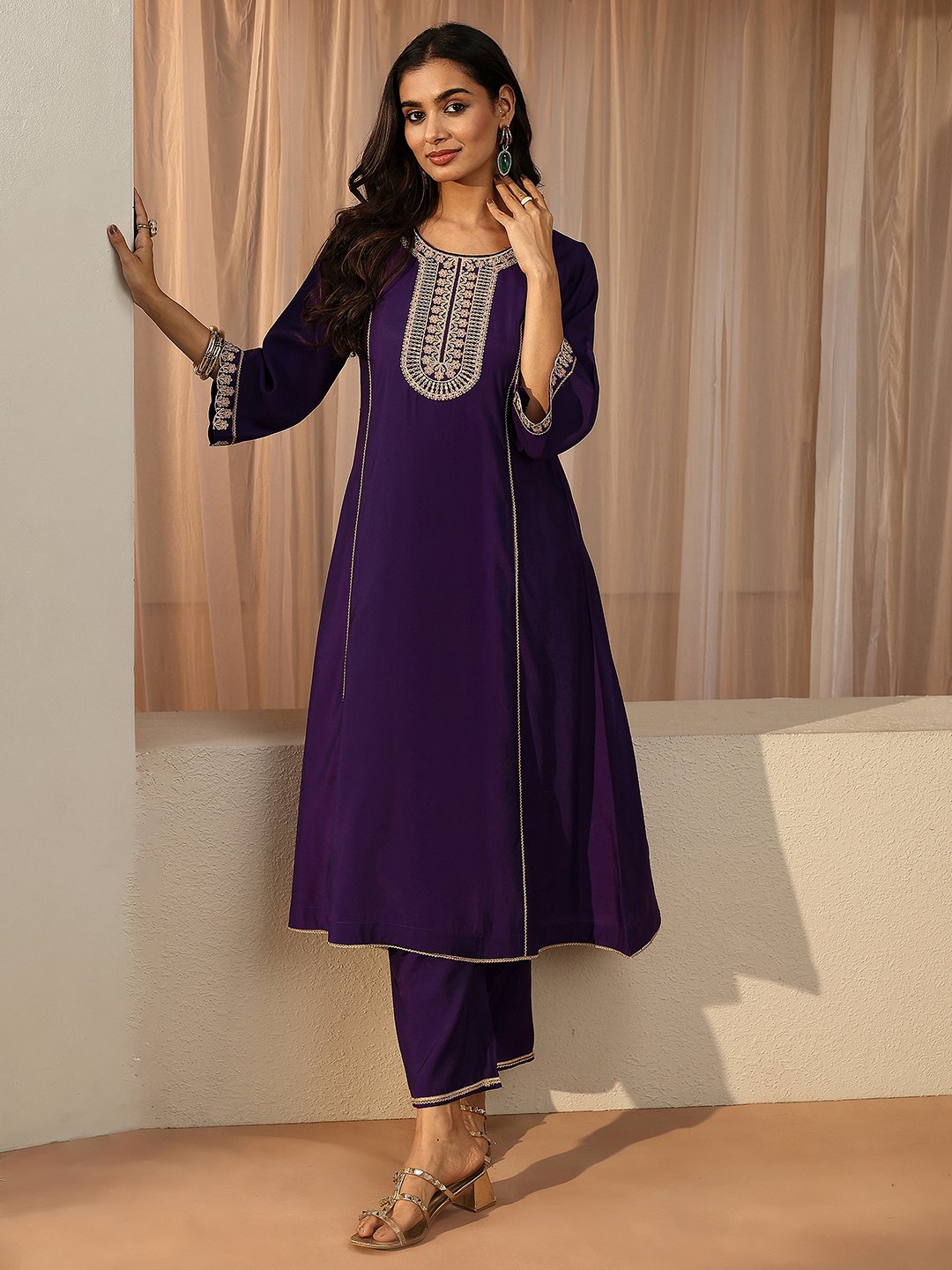 Purple Embroidered Silk Blend A-Line Kurta with Trousers