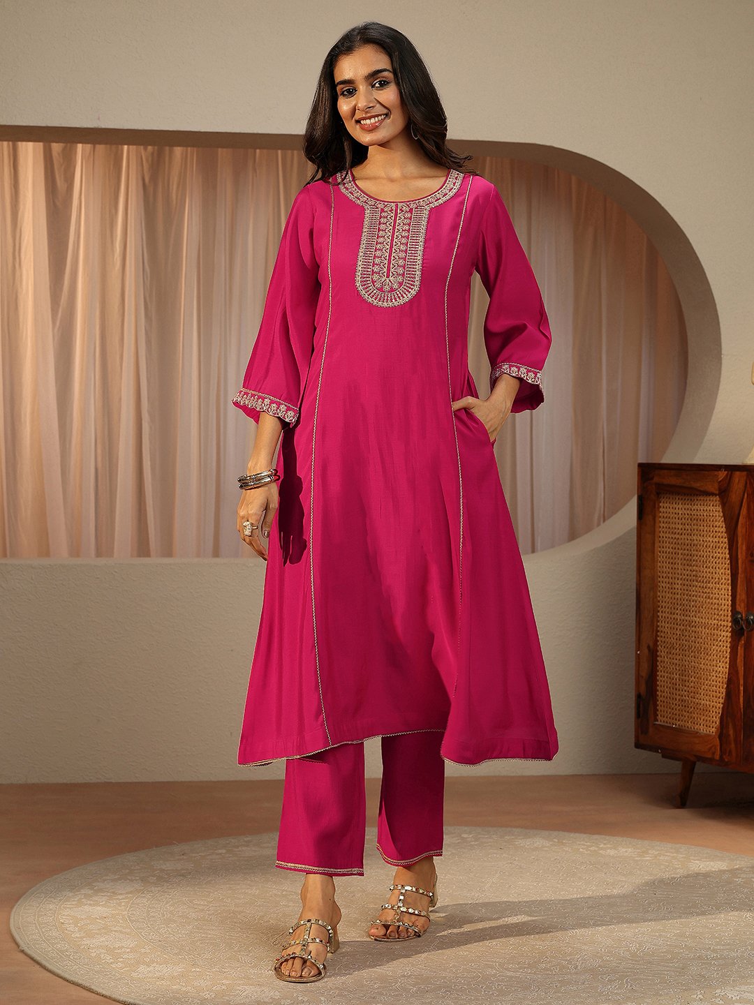 Pink Embroidered Silk Blend A-Line Kurta with Trousers