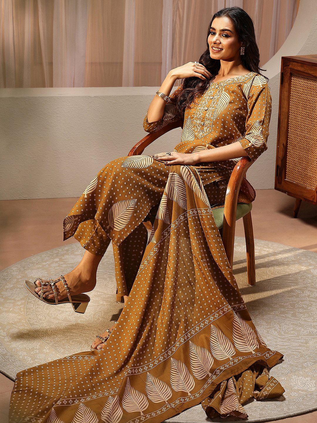 Mustard Printed Cotton Blend Straight Kurta with Trousers and Dupatta