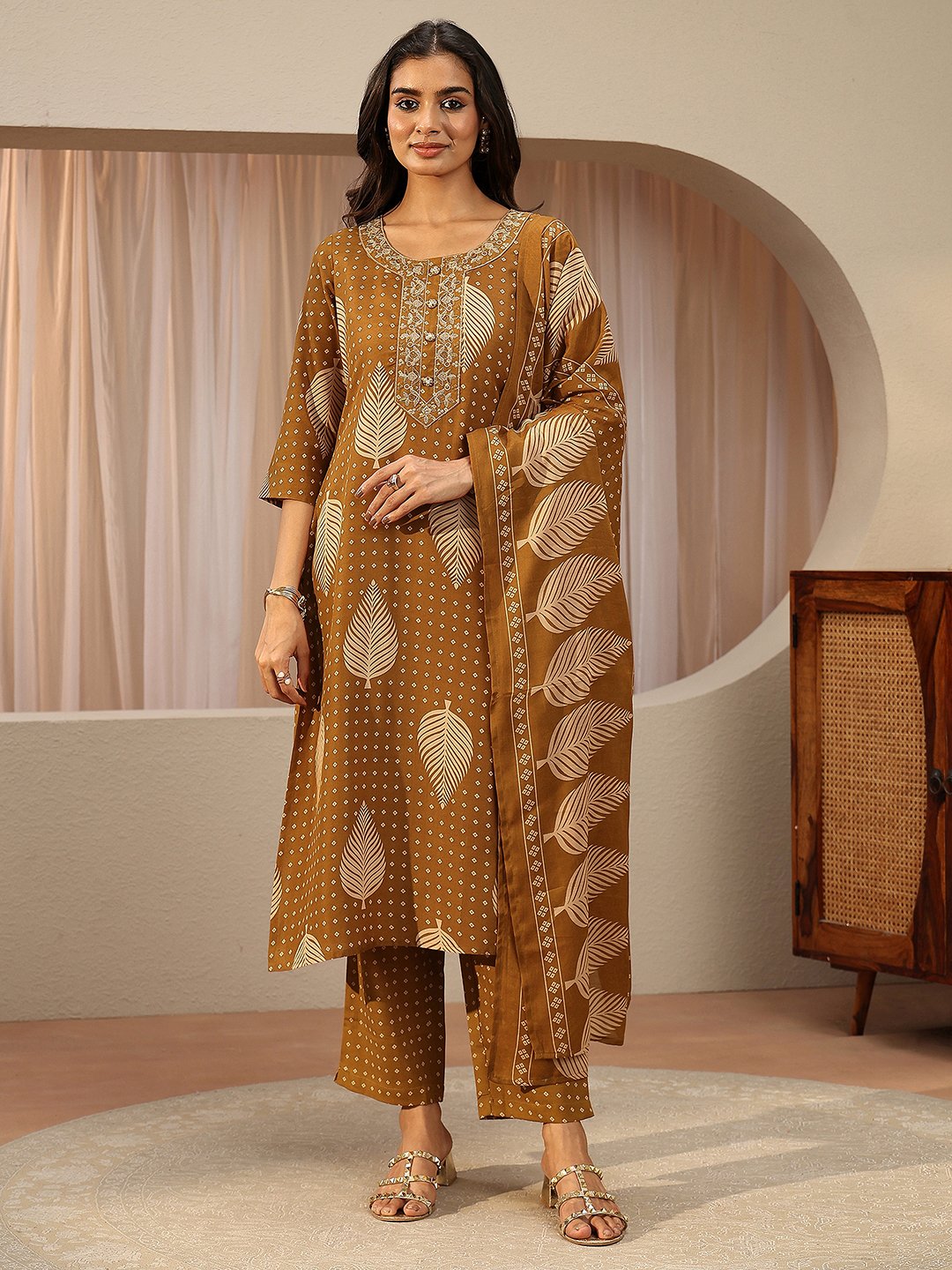 Mustard Printed Cotton Blend Straight Kurta with Trousers and Dupatta
