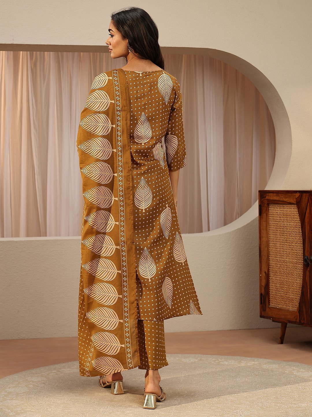 Mustard Printed Cotton Blend Straight Kurta with Trousers and Dupatta
