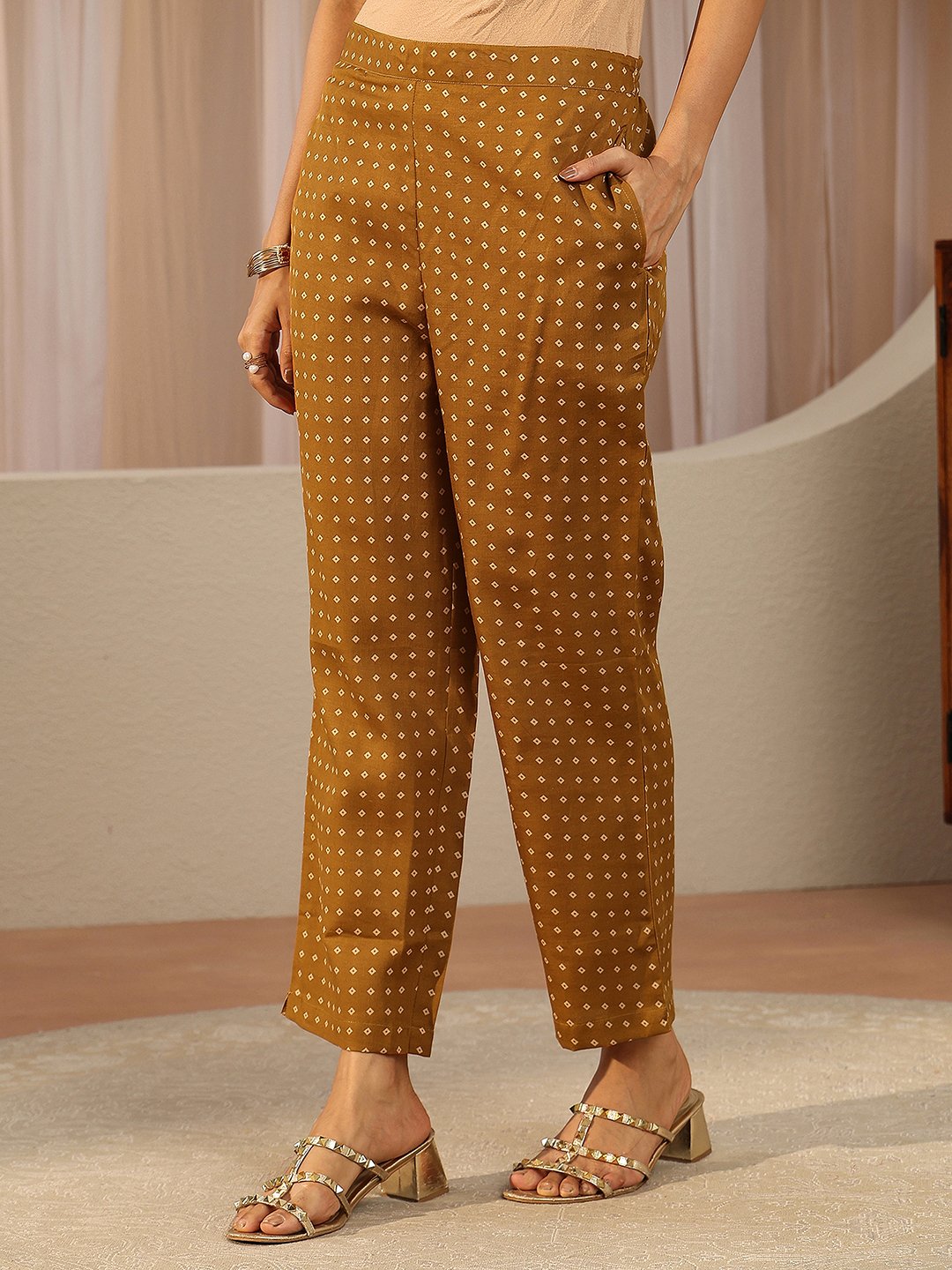 Mustard Printed Cotton Blend Straight Kurta with Trousers and Dupatta