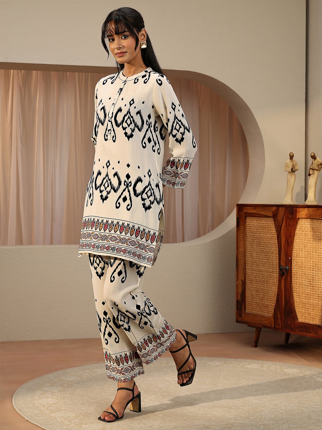 Off White Printed Rayon Co-Ords