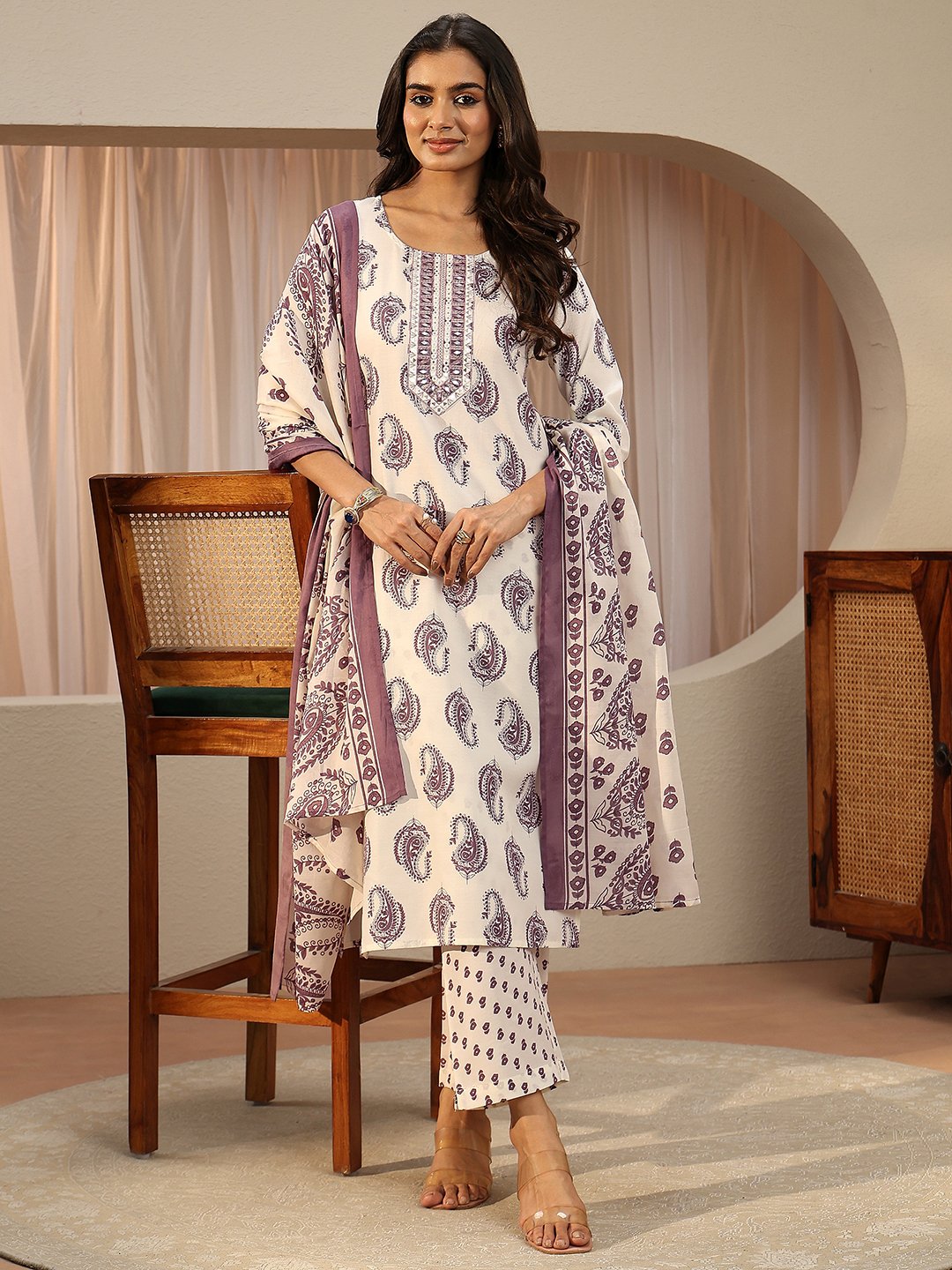 Off White Printed Cotton Blend Straight Kurta with Trousers and Dupatta