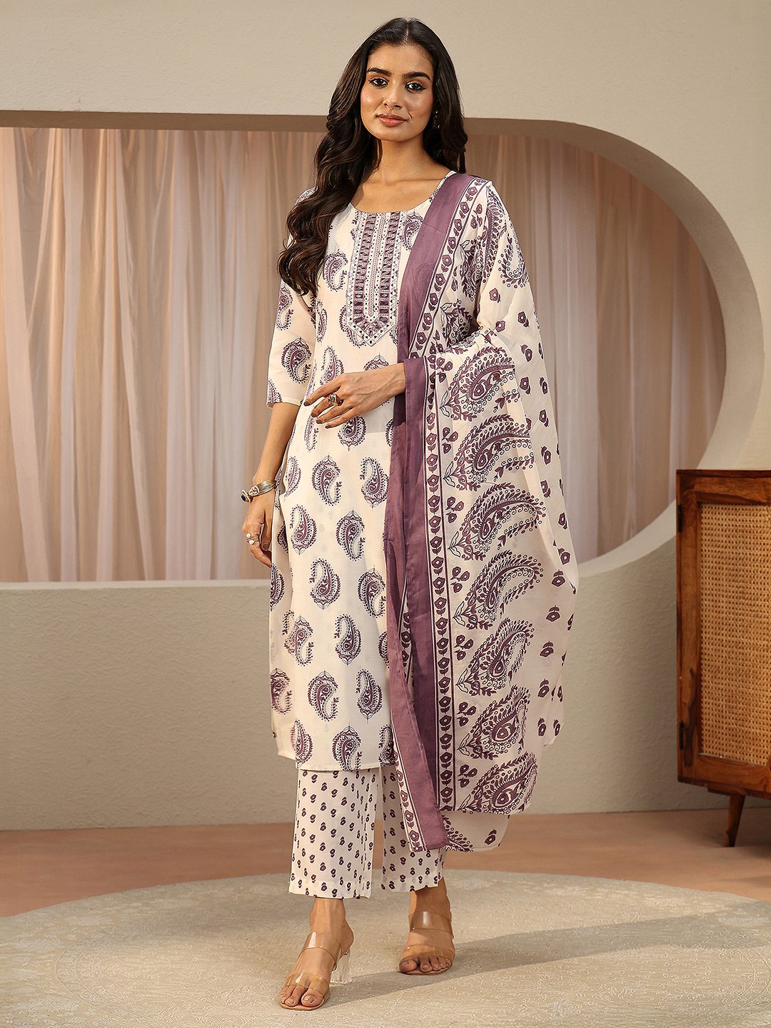 Off White Printed Cotton Blend Straight Kurta with Trousers and Dupatta
