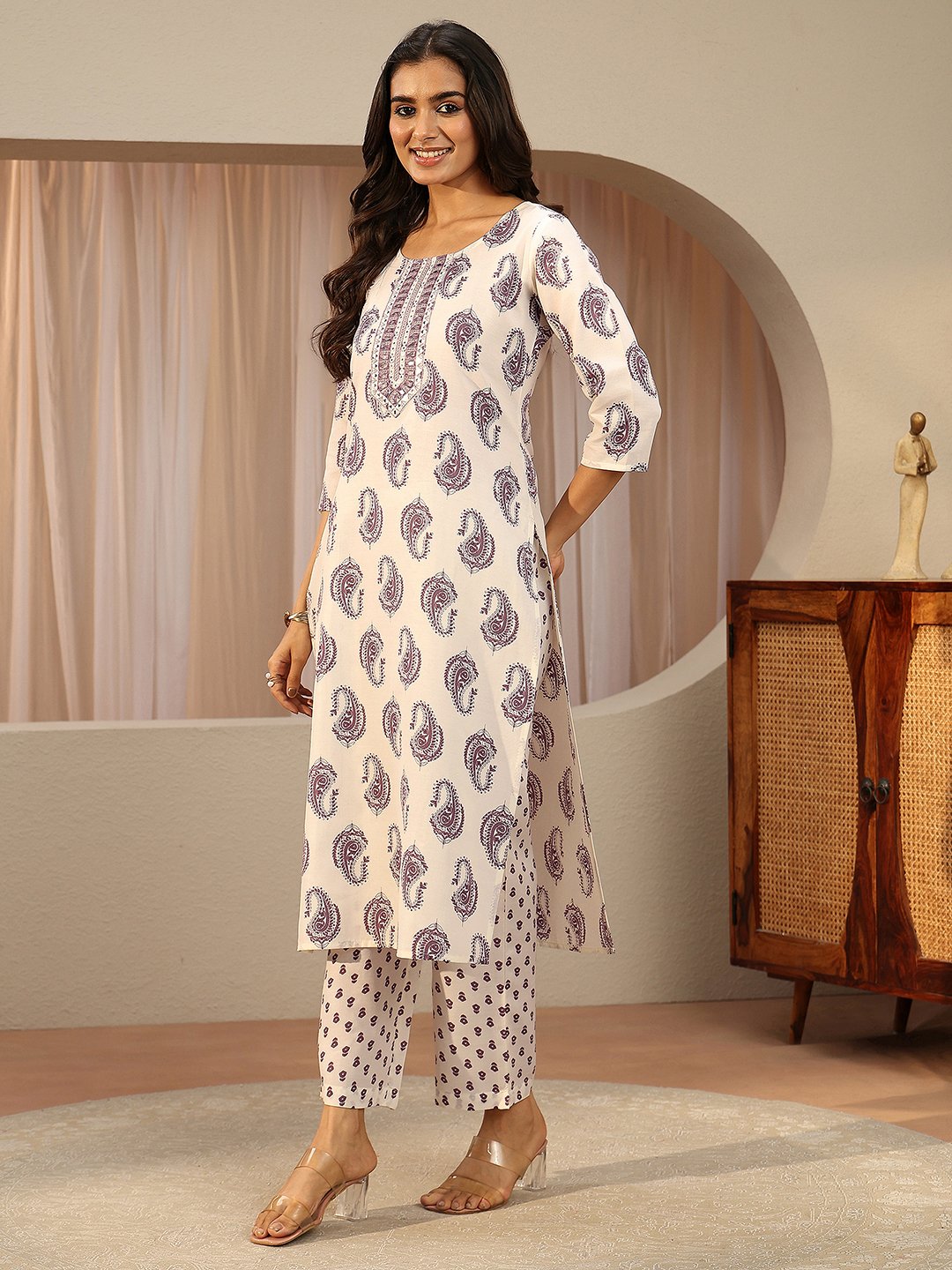 Off White Printed Cotton Blend Straight Kurta with Trousers and Dupatta