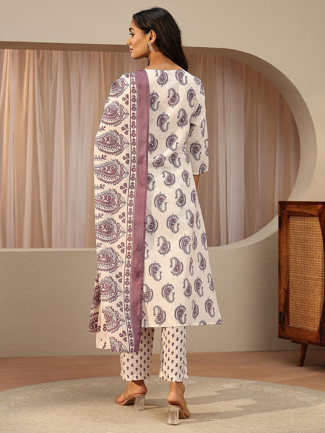 Off White Printed Cotton Blend Straight Kurta with Trousers and Dupatta