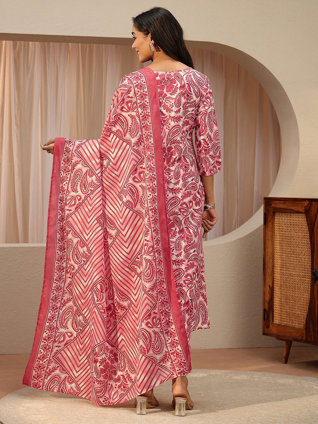 Red Printed Cotton Straight Kurta with Trousers and Dupatta