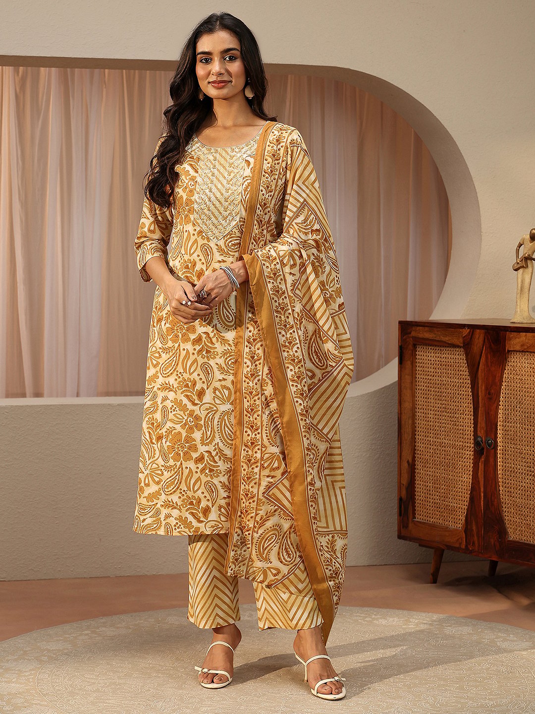 Mustard Printed Cotton Straight Kurta with Trousers and Dupatta