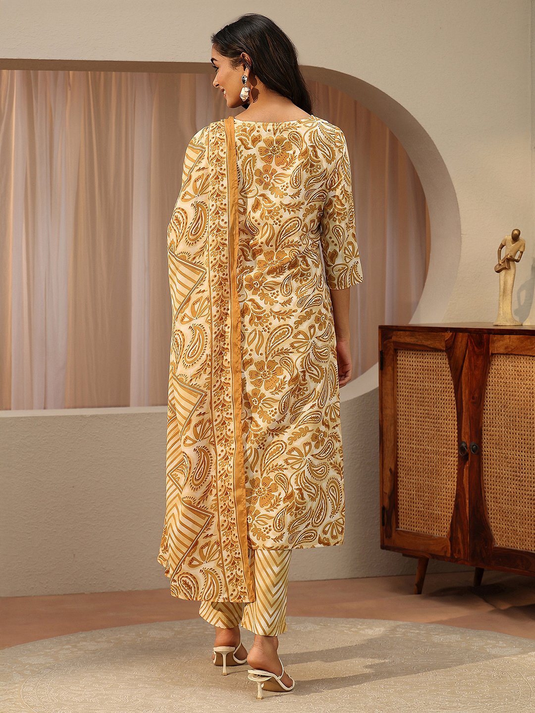 Mustard Printed Cotton Straight Kurta with Trousers and Dupatta