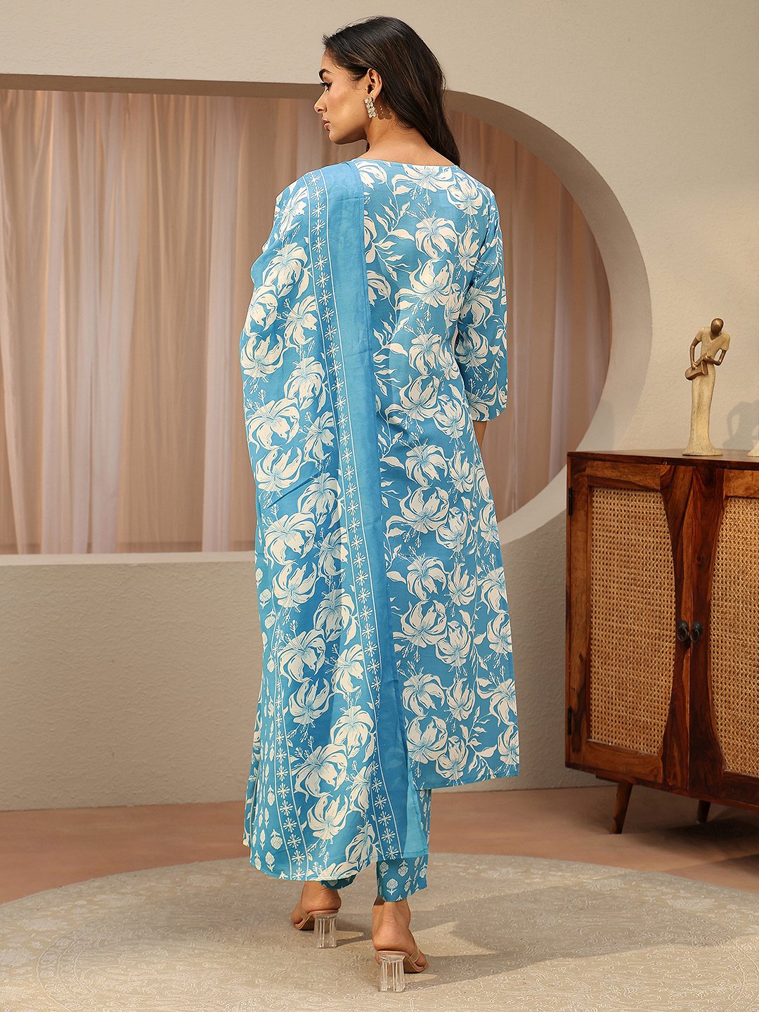 Blue Printed Cotton Straight Kurta with Trousers and Dupatta