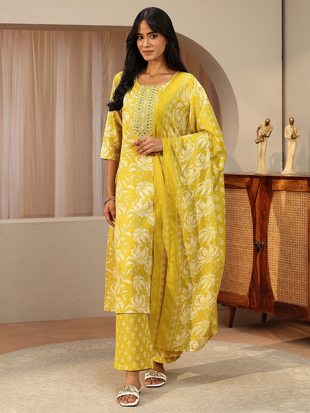 Yellow Printed Cotton Straight Kurta with Trousers and Dupatta