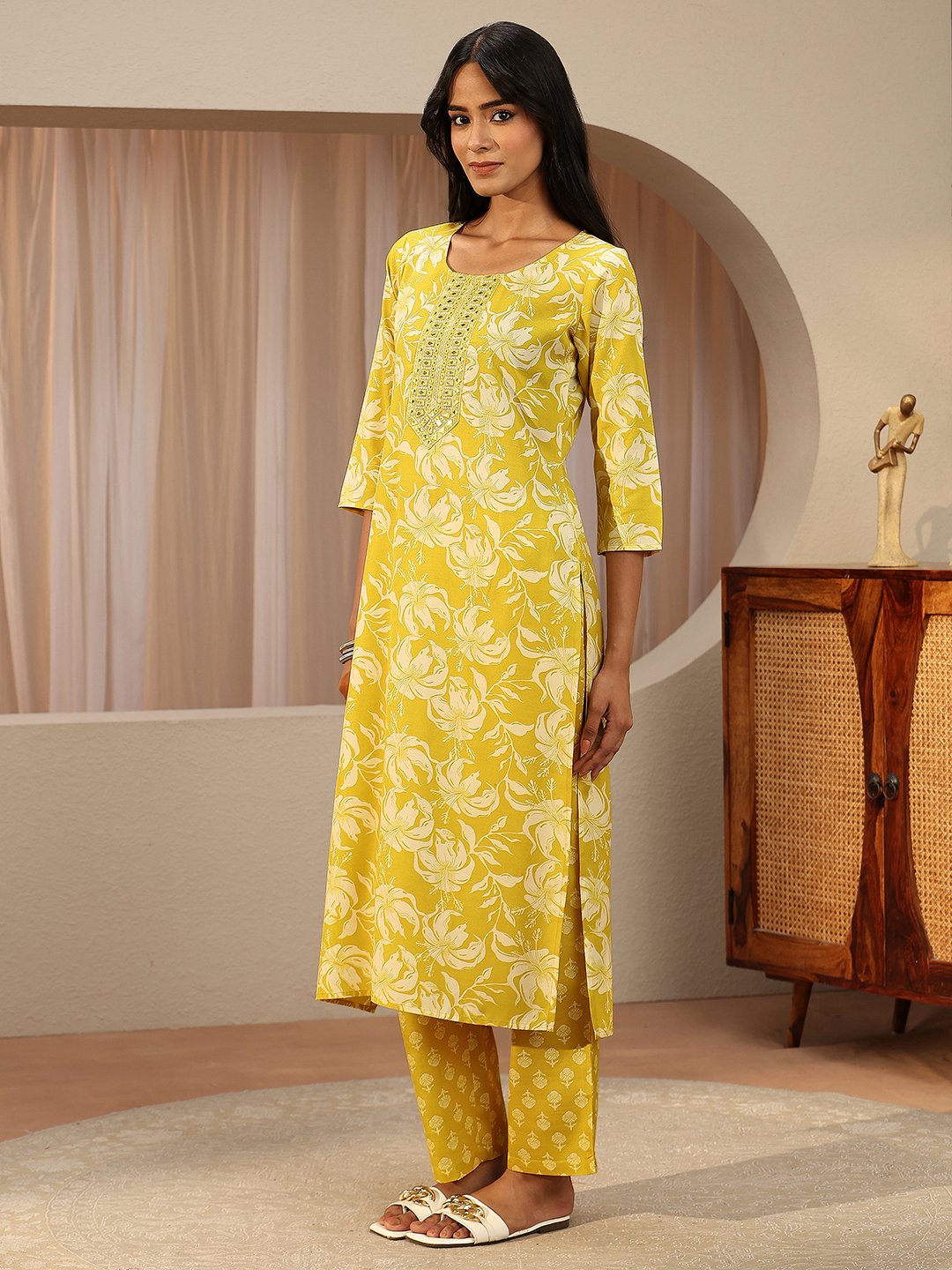Yellow Printed Cotton Straight Kurta with Trousers and Dupatta