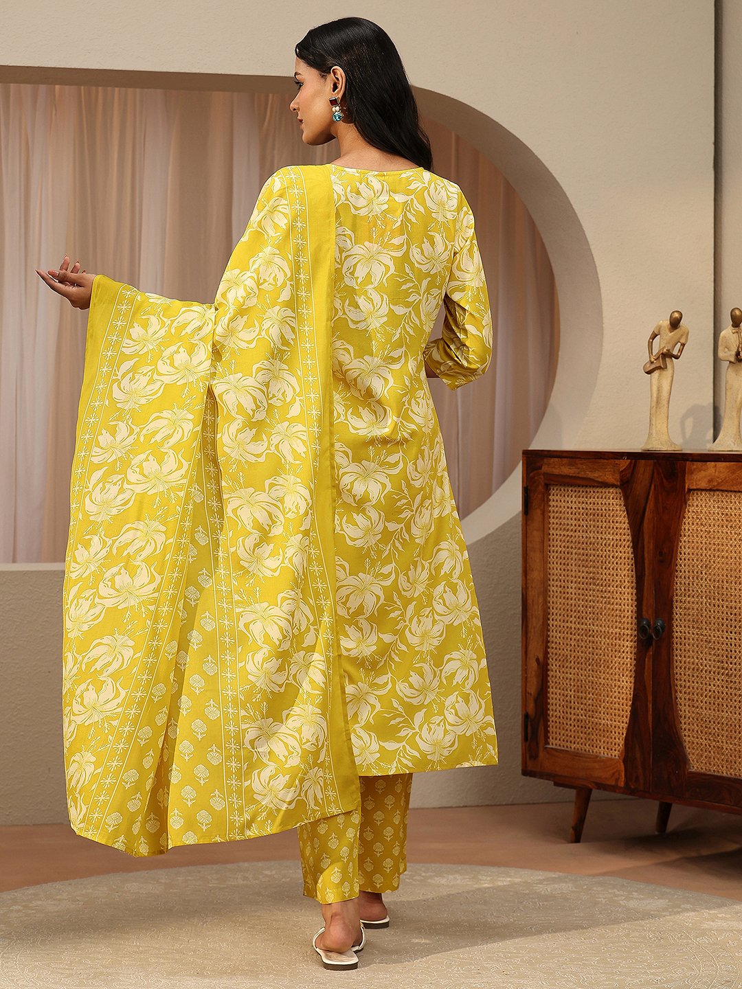 Yellow Printed Cotton Straight Kurta with Trousers and Dupatta